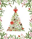 Watercolor triangular Christmas tree with flowers, berries, bran