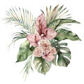 Watercolor tropic bouquet with anthurium, roses and palm leaves. Hand painted card with flowers isolated on white