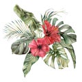 Watercolor tropic bouquet with hibiscus and palm leaves. Hand painted card with flowers and plant isolated on white Royalty Free Stock Photo