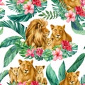 Watercolor tropical animals, lion and lioness, seamless pattern for wallpaper or fabric. Palm leaves, family of lions Royalty Free Stock Photo