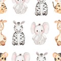 Watercolor Tropical Animals Repeat Paper, Baby elephant seamless pattern, cute zebra print, tiger pattern for fabric, printing Royalty Free Stock Photo