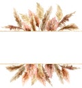 Watercolor tropical banner with dry pampas grass and gold textures. Hand painted exotic plant isolated on white
