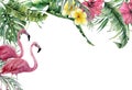 Watercolor tropical banner with exotic flowers, leaves and flamingo. Hand painted frame with palm leaves, branches