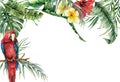 Watercolor tropical banner with exotic flowers, leaves and parrot. Hand painted frame with palm leaves, branches