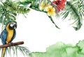 Watercolor tropical banner with exotic leaves, flowers and parrot. Hand painted frame with palm leaves, branches