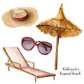 Watercolor tropical beach set. Hand painted summer vacation objects: sunglasses, beach umbrella, beach chair and strow