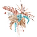 Watercolor tropical bouquet with dried palm leaves and flowers Hand-painted exotic illustration Royalty Free Stock Photo