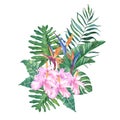 Watercolor tropical bouquet with flowers and leaves.