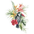 Watercolor tropical bouquet of flowers and toucan. Hand drawn card of bird, hibiscus, orchid, monstera and etlingera