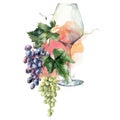 Watercolor tropical bouquet of grapes, winegalss, rose wine and leaves. Hand painted card of fresh fruits isolated on Royalty Free Stock Photo