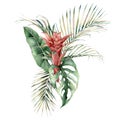 Watercolor tropical bouquet with guzmania, palm and monstera leaves. Hand painted card with red flowers and leaves