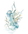 Watercolor tropical card of jellyfishes, gold laminaria and linear corals. Underwater animals and plant isolated on