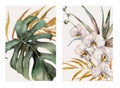 Watercolor tropical cards with orchids, golden palm leaves and monstera. Hand drawn bouquets isolated on white