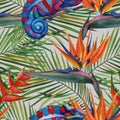 Watercolor tropical chameleon seamless pattern. Hand Drawn jungle nature, madagascar animals, hibiscus flowers illustration