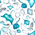 Watercolor tropical colorful marine stingrays  pattern Royalty Free Stock Photo