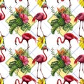 Watercolor tropical flamingo seamless pattern. Hand Drawn jungle nature, hibiscus flowers illustration