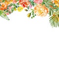 Watercolor tropical floral border with green exotic foliage and colorful flowers on white background, for cards design, wedding Royalty Free Stock Photo