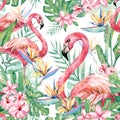 Watercolor tropical floral and flamingo seamless pattern