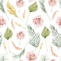 Watercolor tropical floral and flower seamless pattern in boho style. Bohemian dried botanical . Rose, pampas graas, palm