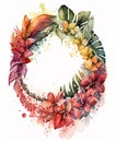 Watercolor tropical floral hawaiian garland as frame. Concept for Lei Day, National Hawaii Day or Statehood Day. Generative AI