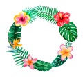 Watercolor tropical floral illustration wreath for wedding, anniversary, birthday, invitations, cards, dates, etc. Save the date! Royalty Free Stock Photo