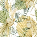 Watercolor tropical floral seamless pattern. Luxure golden color leaves, branches and flowers in trendy boho style. Royalty Free Stock Photo