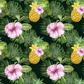 Watercolor tropical floral seamless pattern with pineapple. hibiscus and lily flowers, greenery, foliage, palm leaves Royalty Free Stock Photo