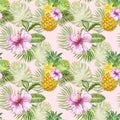 Watercolor tropical floral seamless pattern with pineapple. hibiscus and lily flowers, greenery, foliage, palm leaves Royalty Free Stock Photo