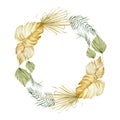 Watercolor tropical floral wreath. Golden and green dried jungle leaves in trendy boho style.