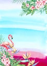 Watercolor tropical  flower, flamingo and leaf arrangement border frame Royalty Free Stock Photo