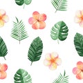 Watercolor tropical flower and palm leaves seamless pattern with plumeria and monstera plants on white background Royalty Free Stock Photo