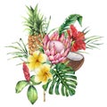 Watercolor tropical flowers and fruit bouquet. Hand painted protea, hibiscus, plumeria, leaves isolated on white