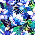 Watercolor tropical flowers, palm leaves seamless pattern. Dark tropical botanical illustration. Jungle vibrant plants