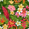 Watercolor Tropical Flowers and Palm Leaves Seamless Pattern. Floral Hand Drawn Background. Blooming Plumeria Flowers Royalty Free Stock Photo