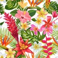 Tropical Flowers and Palm Leaves Seamless Pattern Royalty Free Stock Photo