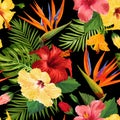 Watercolor Tropical Flowers Seamless Pattern. Floral Hand Drawn Background. Exotic Blooming Hibiskus Flowers Design