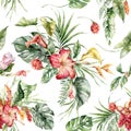 Watercolor tropical flowers seamless pattern of hibiscus, calla, etlingera and heliconia. Hand painted flowers isolated
