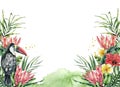 Watercolor tropical flowers and toucan banner. Hand painted bird, protea, hibiscus and plumeria isolated on white Royalty Free Stock Photo