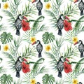 Watercolor tropical flowers and toucans seamless pattern. Hand painted bird, leaves, hibiscus, plumeria isolated on Royalty Free Stock Photo