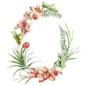 Watercolor tropical flowers wreath of orchids, fern and liana. Hand painted floral frame isolated on white background