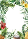 Watercolor tropical frame with exotic flowers. Hand painted floral illustration with banana, coconut, hibiscus, plumeria
