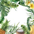 Watercolor tropical frame with exotic leaves, fruit and flowers. Hand painted floral illustration with banana and