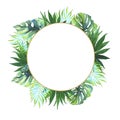 Watercolor tropical frame. Exotic leaves of Monstera, coconut palms. Wedding invitation. Summer postcard. Round frame