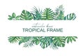 Watercolor tropical frame of flowers and leaves on white background.