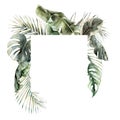 Watercolor tropical frame with monstera, banana and coconut leaves. Hand painted card with palm leaves isolated on white