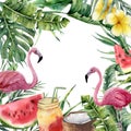 Watercolor tropical frame with palm branch and pink flamingo. Hand painted floral illustration with cocktail, watermelon