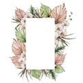 Watercolor tropical frame with white orchids and palm leaves. Hand painted exotic flowers and dry leaves isolated on Royalty Free Stock Photo