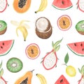 Watercolor tropical fruits seamless pattern, hand drawn summer fruit repeat paper, watermelon, coconut and banana paper, eco food