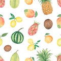 Watercolor tropical fruits seamless pattern, hand drawn summer fruit repeat paper, watermelon, coconut and pineapple paper, eco