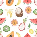 Watercolor Tropical Fruits seamless pattern, summer dragon Fruit, kowi,banana, watermelon, coconut, papaya repeat pattern, lemon